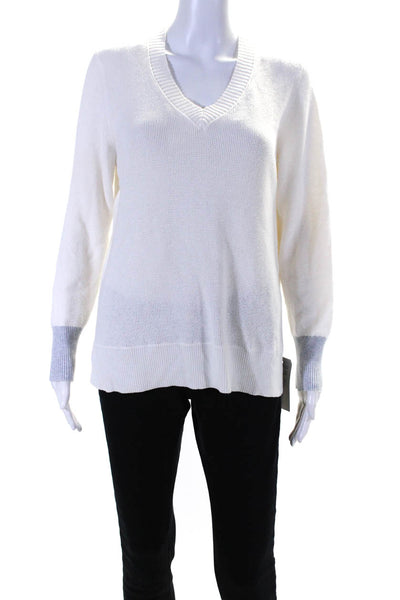 Kinross Cashmere Womens Long Sleeves V Neck Sweater White Size Medium