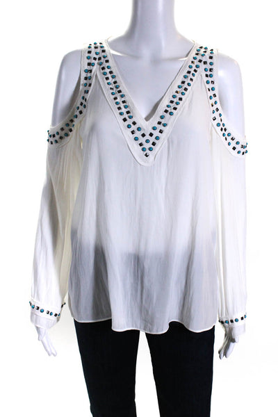 Ramy Brook Womens White Studded Scoop Neck Cold Shoulder Blouse Top Size M