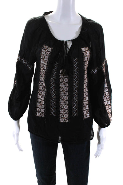 Joie Womens Black Multi Embroidered V-Neck Long Sleeve Blouse Top Size XS