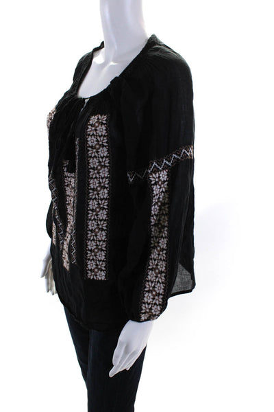 Joie Womens Black Multi Embroidered V-Neck Long Sleeve Blouse Top Size XS