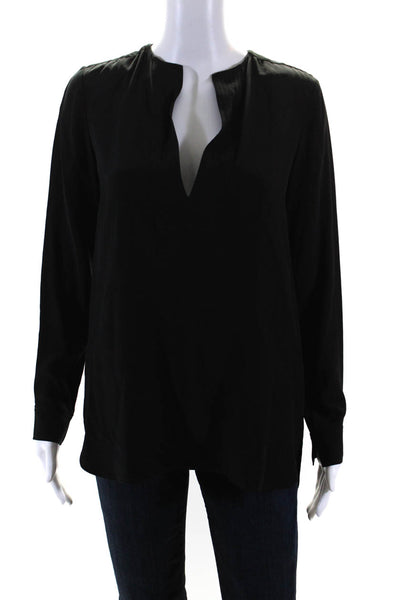 Vince Womens Solid Black Silk V-Neck Long Sleeve Blouse Top Size 2