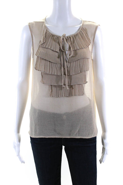 BCBGMAXAZRIA Womens Brown Tie V-Neck Pleated Detail Sleeveless Blouse Top Size S