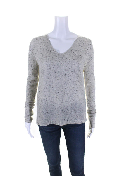 ATM Womens Cashmere Spotted Print V-Neck Long Sleeve Sweater Top Gray Size S