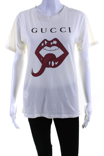 Gucci Womens Forked Tongue Lips Print Short Sleeved Tee Shirt White Size Small