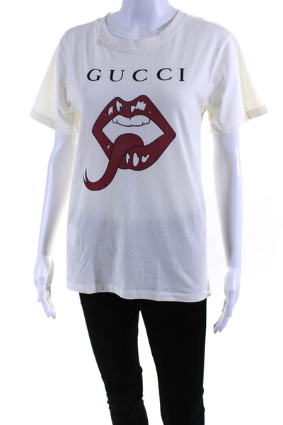 Gucci Womens Forked Tongue Lips Print Short Sleeved Tee Shirt White Size Small