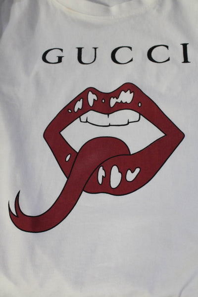 Gucci Womens Forked Tongue Lips Print Short Sleeved Tee Shirt White Size Small