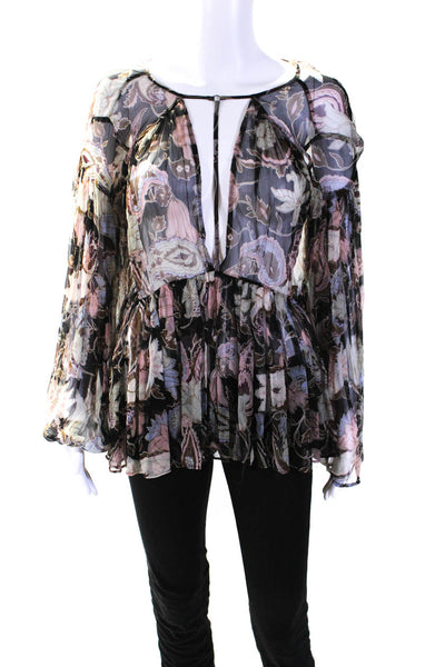 Zimmermann Womens Chiffon Silk Floral Keyhole Blouse Black Multi Size 0