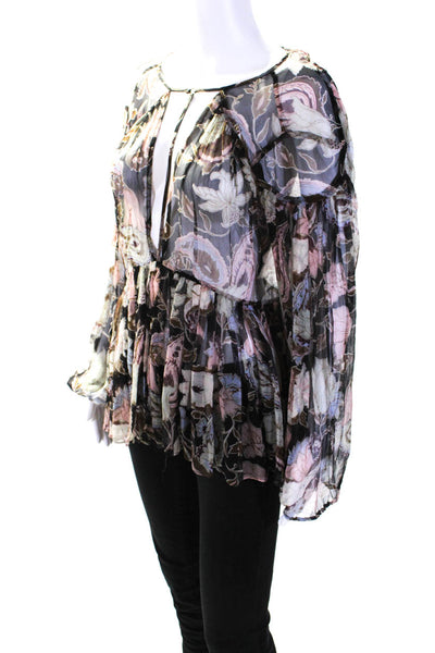 Zimmermann Womens Chiffon Silk Floral Keyhole Blouse Black Multi Size 0