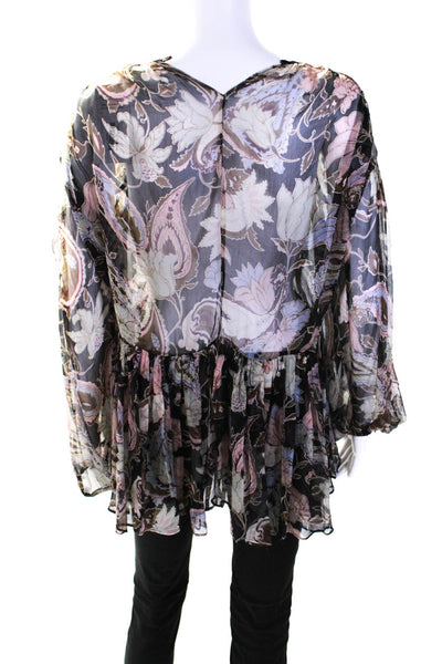 Zimmermann Womens Chiffon Silk Floral Keyhole Blouse Black Multi Size 0