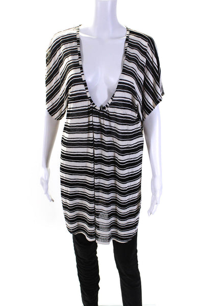 Josa Tulum Womens Short Sleeve Drawstring Striped V Neck Top White Black Large