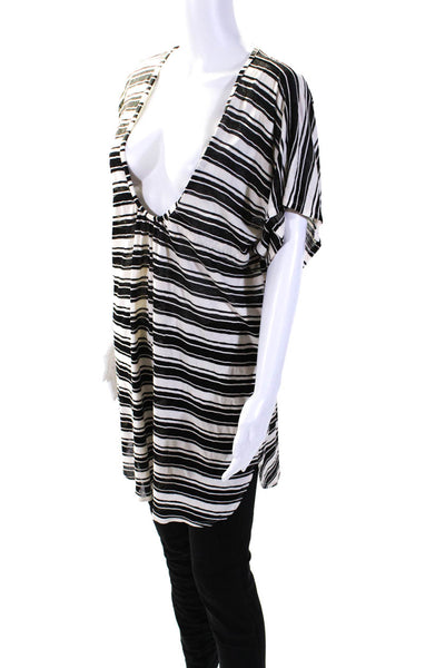 Josa Tulum Womens Short Sleeve Drawstring Striped V Neck Top White Black Large