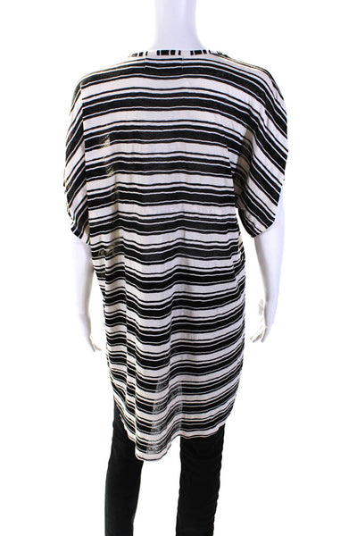 Josa Tulum Womens Short Sleeve Drawstring Striped V Neck Top White Black Large