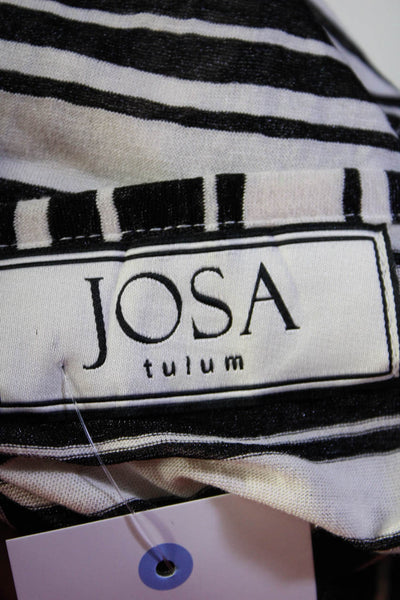 Josa Tulum Womens Short Sleeve Drawstring Striped V Neck Top White Black Large