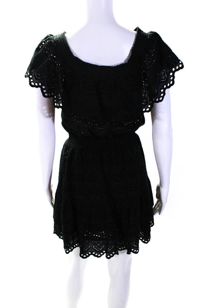 Love Shack Fancy Womens Off Shoulder Eyelet Tiered Dress Black Cotton Size Large