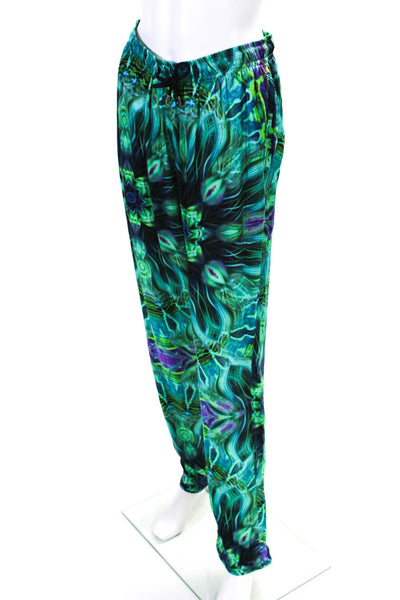 Le Bou Bou Woens Satin Abstract Drawstring Waist High-Rise Pants Green Size M