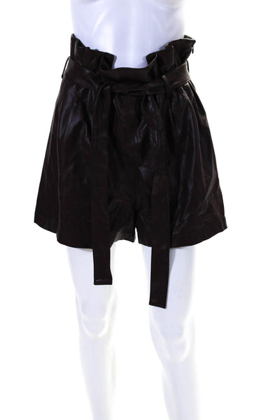 Amanda Uprichard Womens Paper Bag Waist Belted Faux Leather Shorts Brown Large