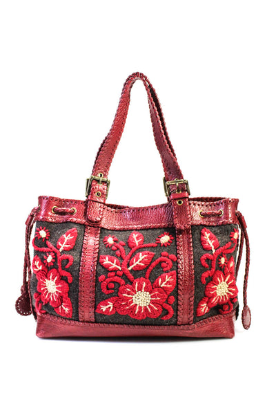 Isabella Fiore Womens Leather Trim Floral Embroidered Top Handle Bag Red Size M