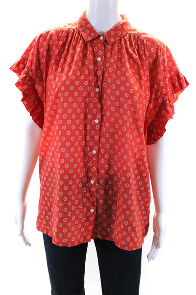 Birds of Paradis Womens Cotton Short Sleeve Button Down Blouse Orange Size L