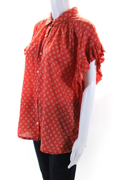 Birds of Paradis Womens Cotton Short Sleeve Button Down Blouse Orange Size L