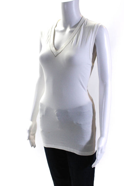 Brunello Cucinelli Womens Cotton Beaded Trim V Neck Tank Top White Size XL