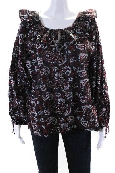 Cleobella Womens Cotton Long Sleeve Paisley Print Ruffle Blouse Red Size L