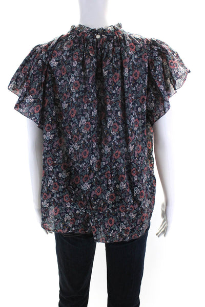 Birds of Paradis Womens Cotton Short Sleeve Floral Print Blouse Blue Size L