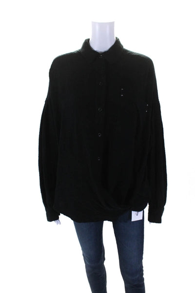 We The Free Womens Long Sleeves Button Down Draped Blouse Black Size Small