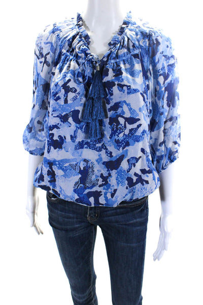 Ramy Brook Womens Silk Tassel Key Hole Neck Blouse Blue White Size Small