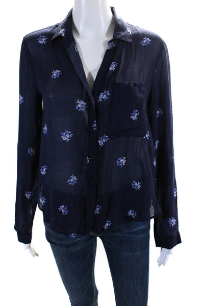 Bella Dahl Womens Floral Print Button Down Shirt Navy Blue Size Extra Small