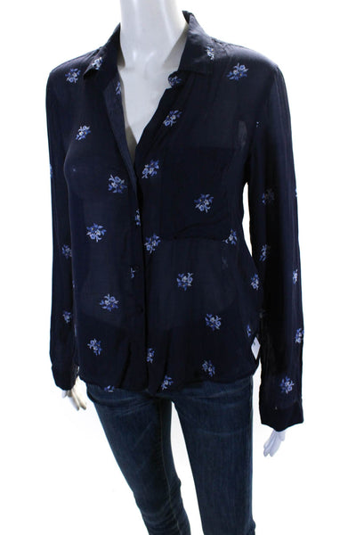 Bella Dahl Womens Floral Print Button Down Shirt Navy Blue Size Extra Small