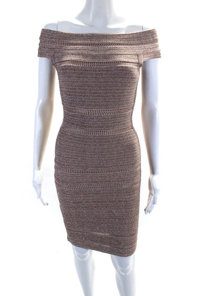 Herve Leger Womens Off Shoulder Metallic Bodycon Pencil Dress Pink Size S