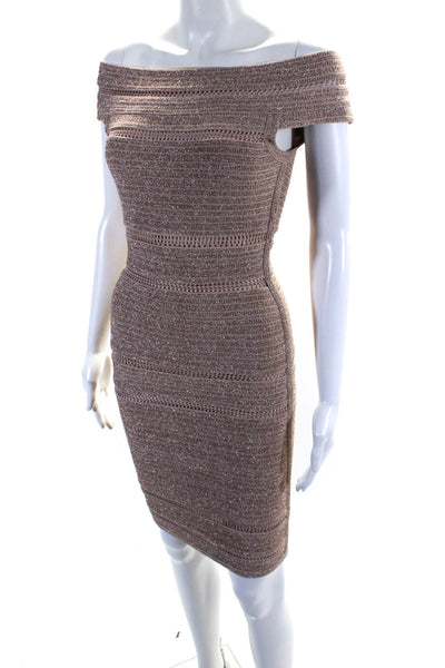 Herve Leger Womens Off Shoulder Metallic Bodycon Pencil Dress Pink Size S