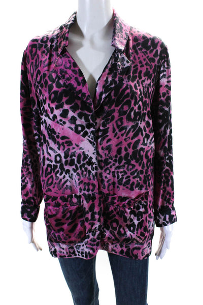 Amanda Bond Womens Leopard Print Satin Button Up Blouse Jacket Pink Black XS