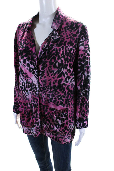 Amanda Bond Womens Leopard Print Satin Button Up Blouse Jacket Pink Black XS