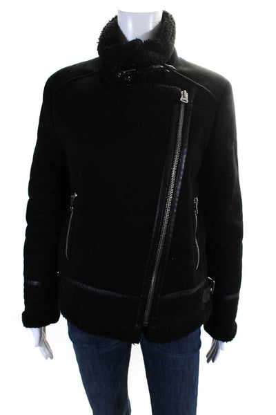 Zara Womens Vegan Suede Asymmetrical Zip Up Collared Jacket Coat Black Size S