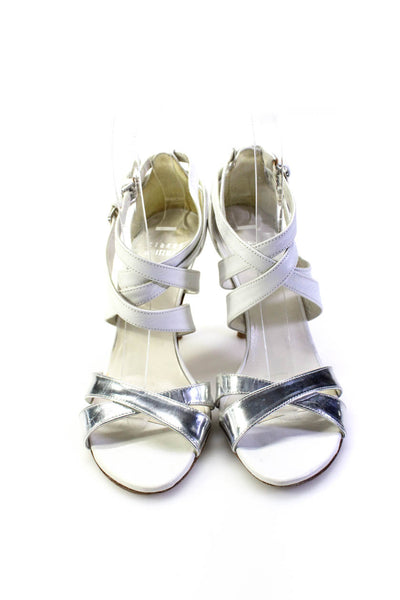 Stuart Weitzman Womerns Leather Strappy Sandal Heels White Silver Size 5 Medium