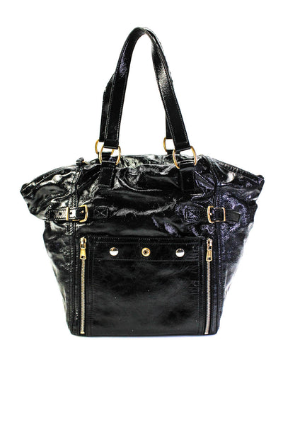 Saint Laurent Womens Downtown Patent Leather Zip Top Tote Handbag Black