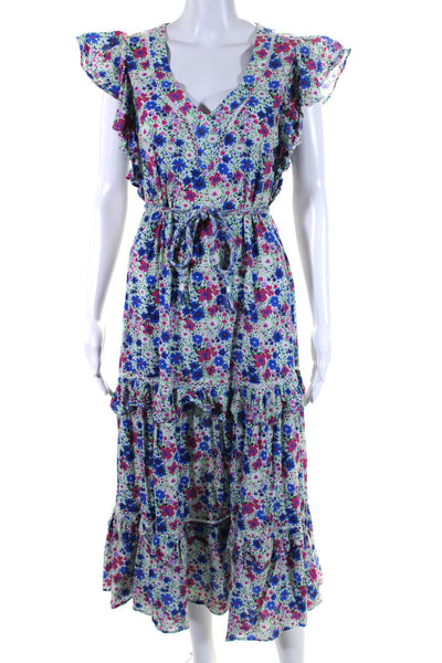 Playa Lucila Womens Cotton Floral Print Ruffled Braided Belt Dress Blue Size XS