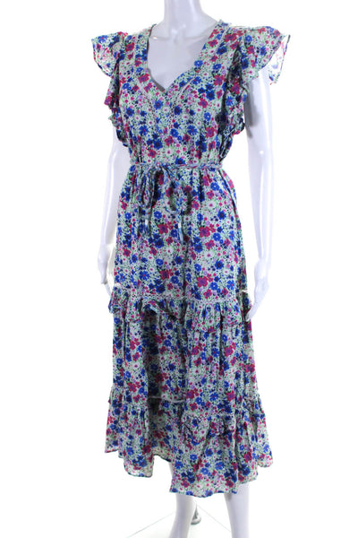 Playa Lucila Womens Cotton Floral Print Ruffled Braided Belt Dress Blue Size XS