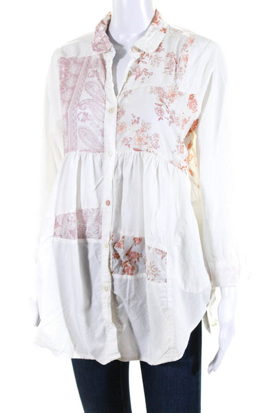 Maeve Anthropologie Womens Floral Print Button Down Shirt White Cotton Size Smal