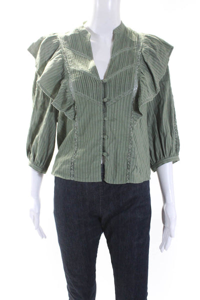 Intermix Womens Button Front 3/4 Sleeve Ruffled Top Green Cotton Size 0