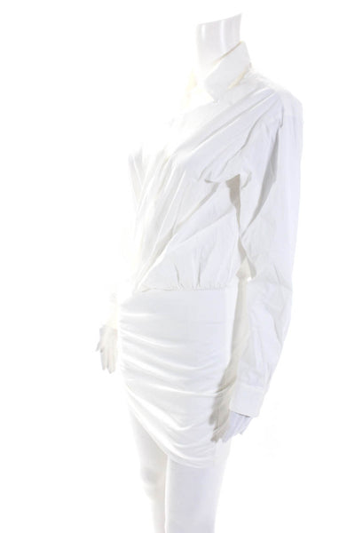 Stelen Womens Cotton Ruched V-Neck Collared Long Sleeve Dress White Size S