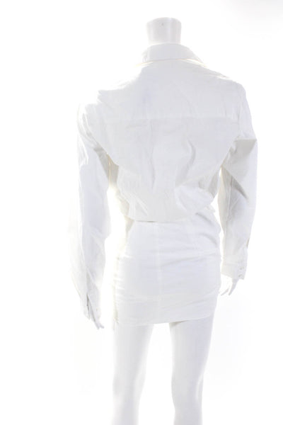 Stelen Womens Cotton Ruched V-Neck Collared Long Sleeve Dress White Size S