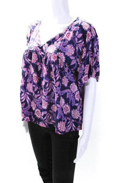 Xirena Womens Cotton Floral Print V-Neck Short Sleeve T-Shirt Top Purple Size M