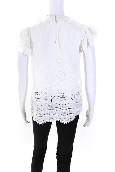 Sea New York Womens Cotton Pom Pom Trim Short Sleeve Blouse Top White Size 4