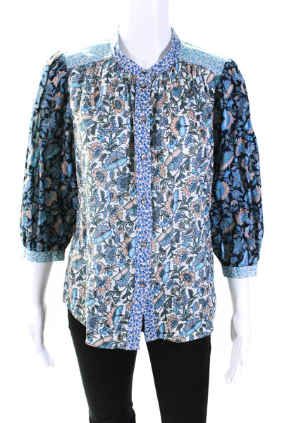 La Vie Womens Cotton Floral Print Long Sleeve Button Up Blouse Top Navy Size M