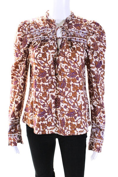 Love The Label Womens Floral Print V-Neck Long Sleeve Blouse Top Brown Size S