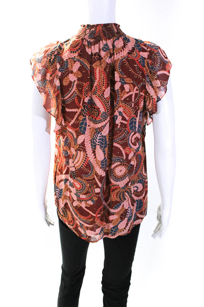 A.L.C. Womens Silk Abstract Print V-Neck Short Sleeve Blouse Top Orange Size 4