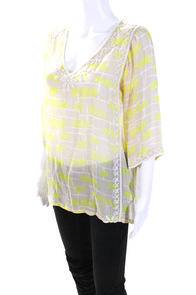 Calypso Saint Barth Womens Silk Beaded V-Neck Pullover Blouse Top Yellow Size S