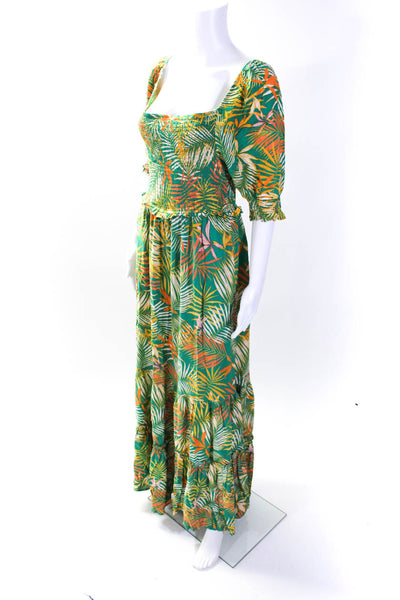 Betsey Johnson Womens Plant Print Ruched Short Sleeve Maxi Dress Green Size M